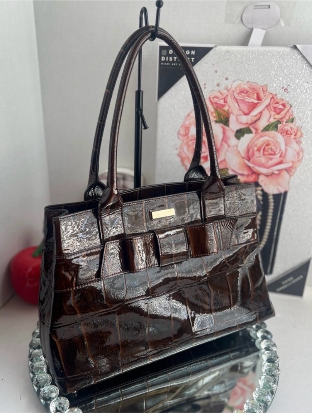 Kate Spade Glossy Croc-Embossed Shoulder Bag in Dark Brown